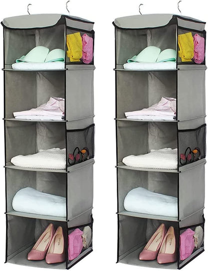 2 Pack 5 Foldable Shelf Hanging Closet Organizer Space Saver with Side Accessories Pockets for Clothes Storage ShopFrenzy