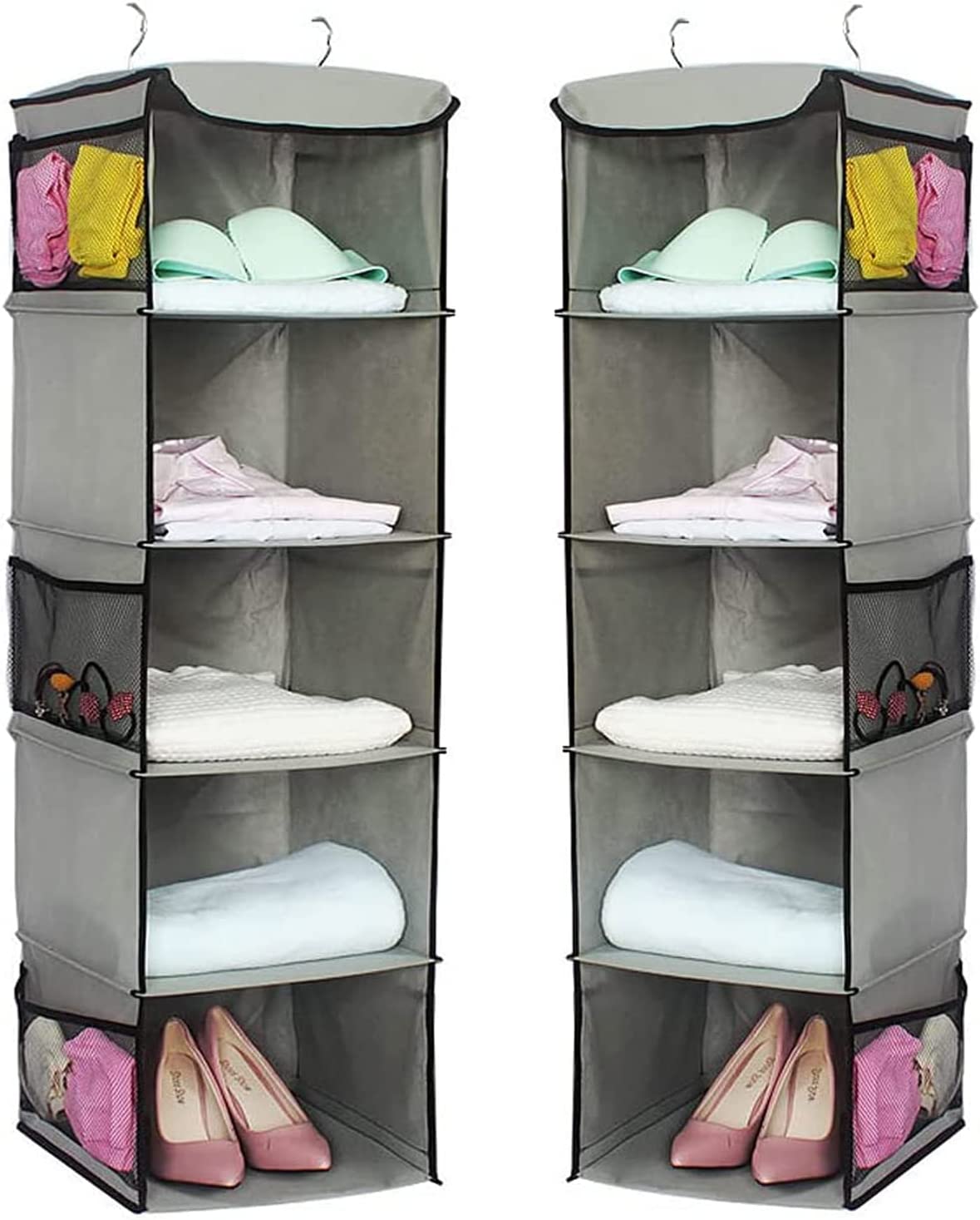 2 Pack 5 Foldable Shelf Hanging Closet Organizer Space Saver with Side Accessories Pockets for Clothes Storage ShopFrenzy