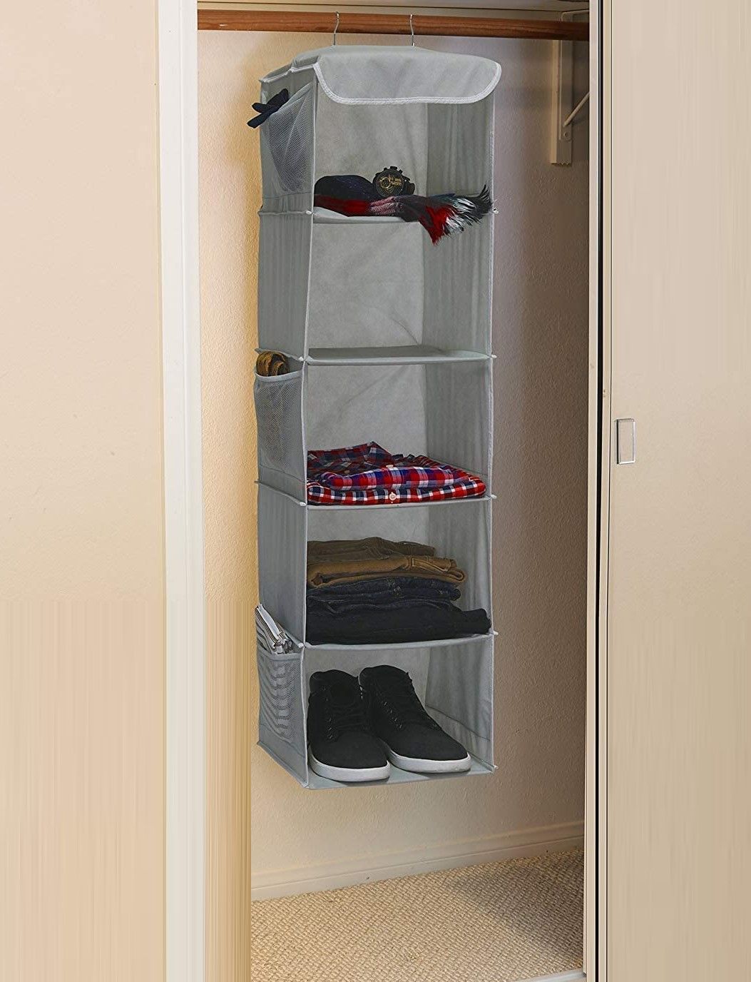 2 Pack 5 Foldable Shelf Hanging Closet Organizer Space Saver with Side Accessories Pockets for Clothes Storage ShopFrenzy