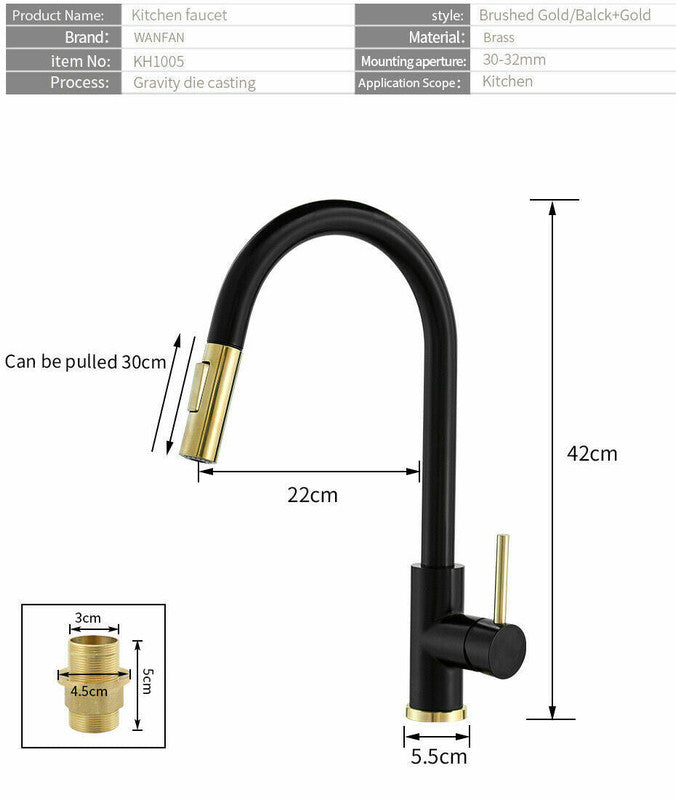 2023 Brushed Gold Spout Matte Black pull out with spray function kitchen mixer tap faucet ShopFrenzy