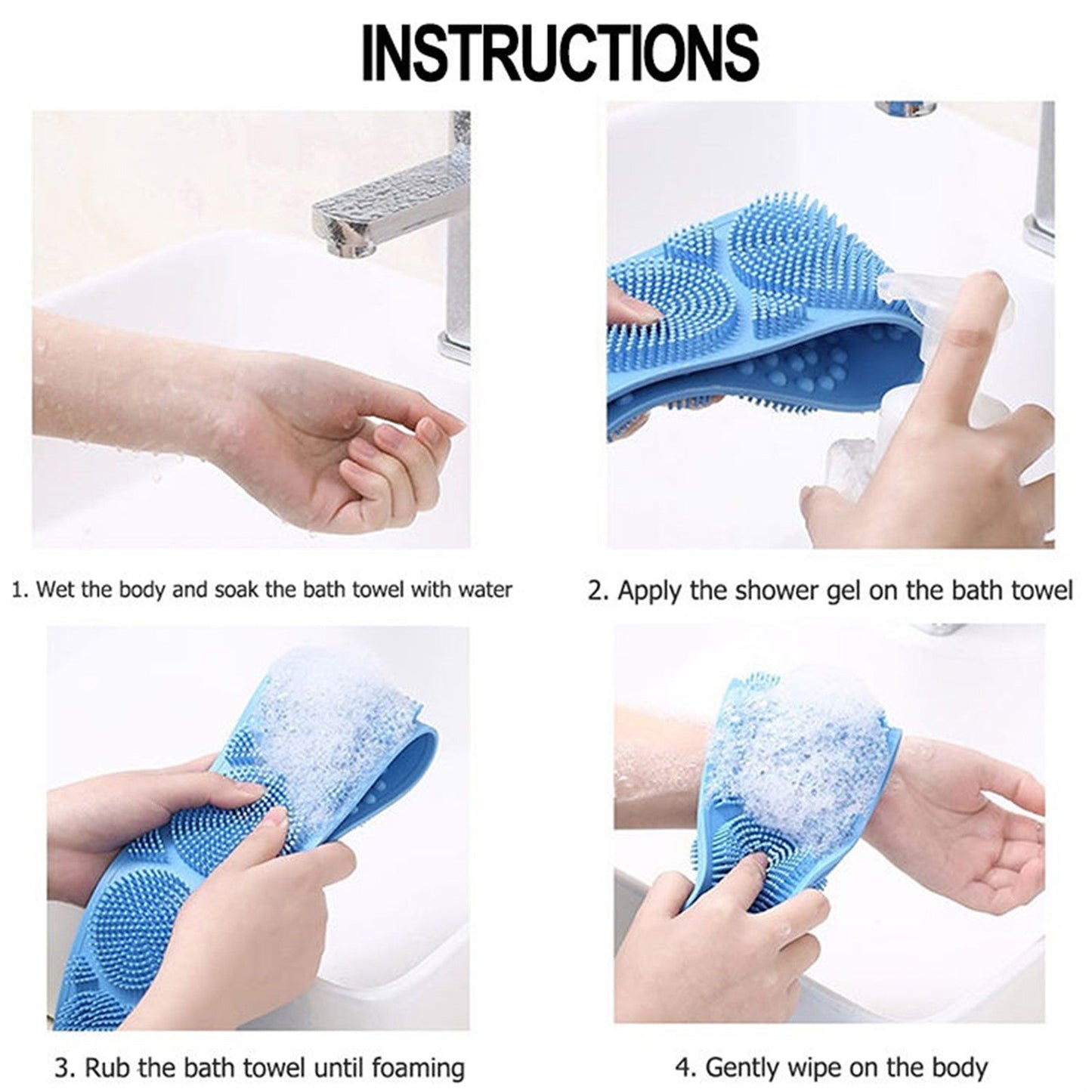 A+Living Silicone Back Scrub Strap with Towel and Brush for Shower Exfoliation Blue ShopFrenzy