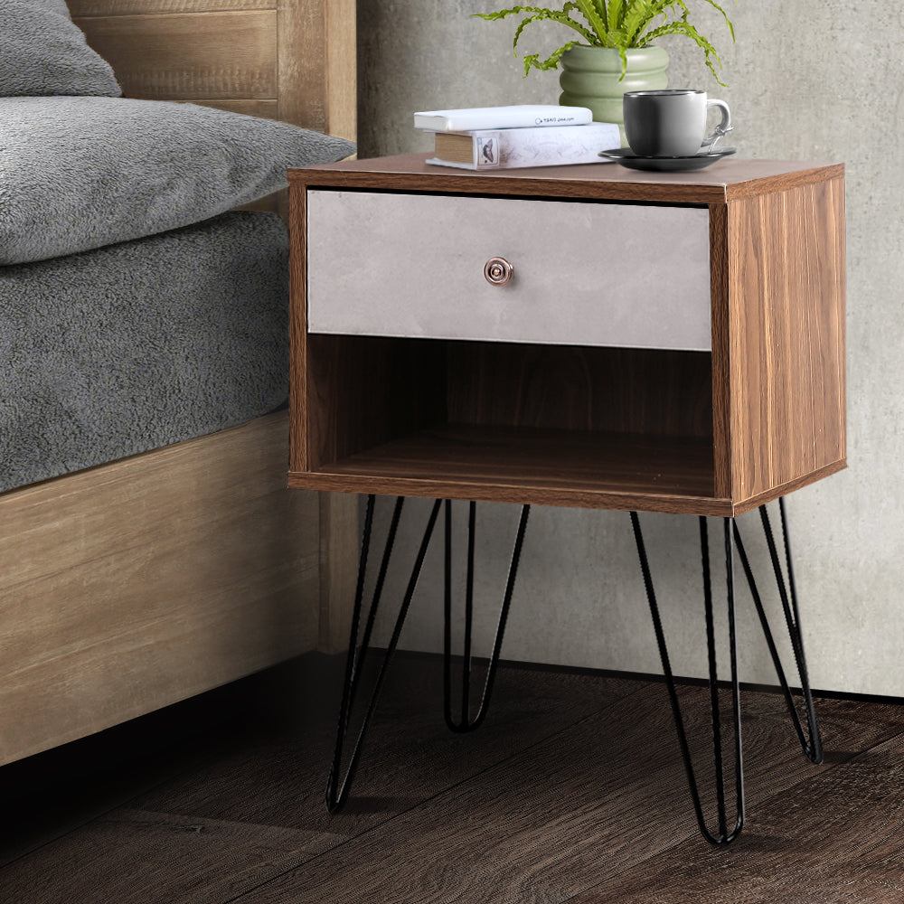 Artiss Bedside Table with Drawer - Grey & Walnut ShopFrenzy