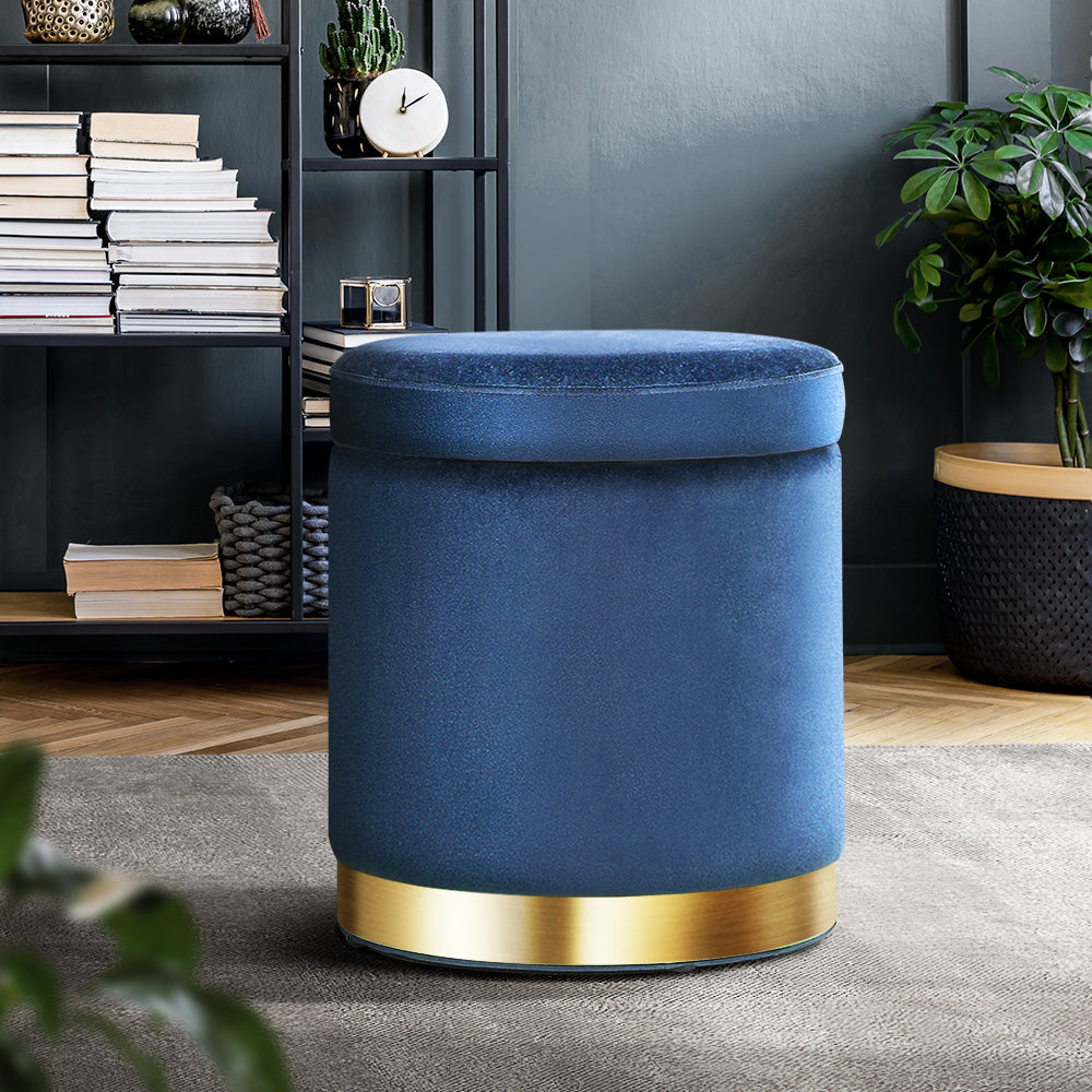 Artiss Foot Stool Round Velvet Storage Ottoman Foot Rest Pouffe Footstool Navy ShopFrenzy