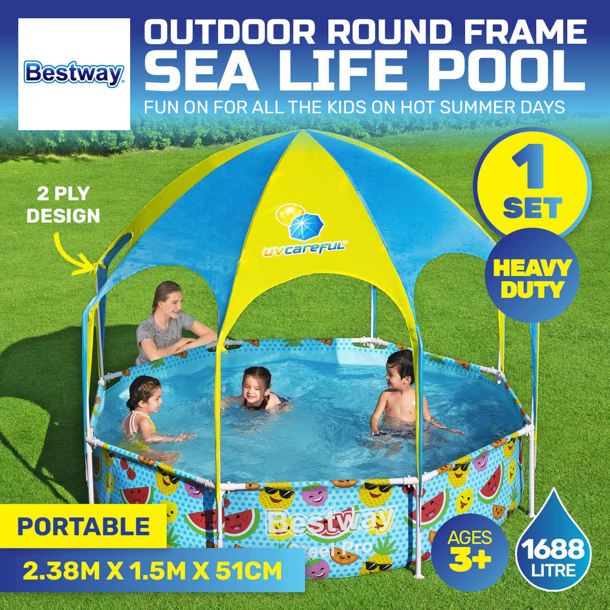 Bestway 2.38 x 1.5m Kids Above Ground Pool & UV Protected Canopy 1688 Litre ShopFrenzy