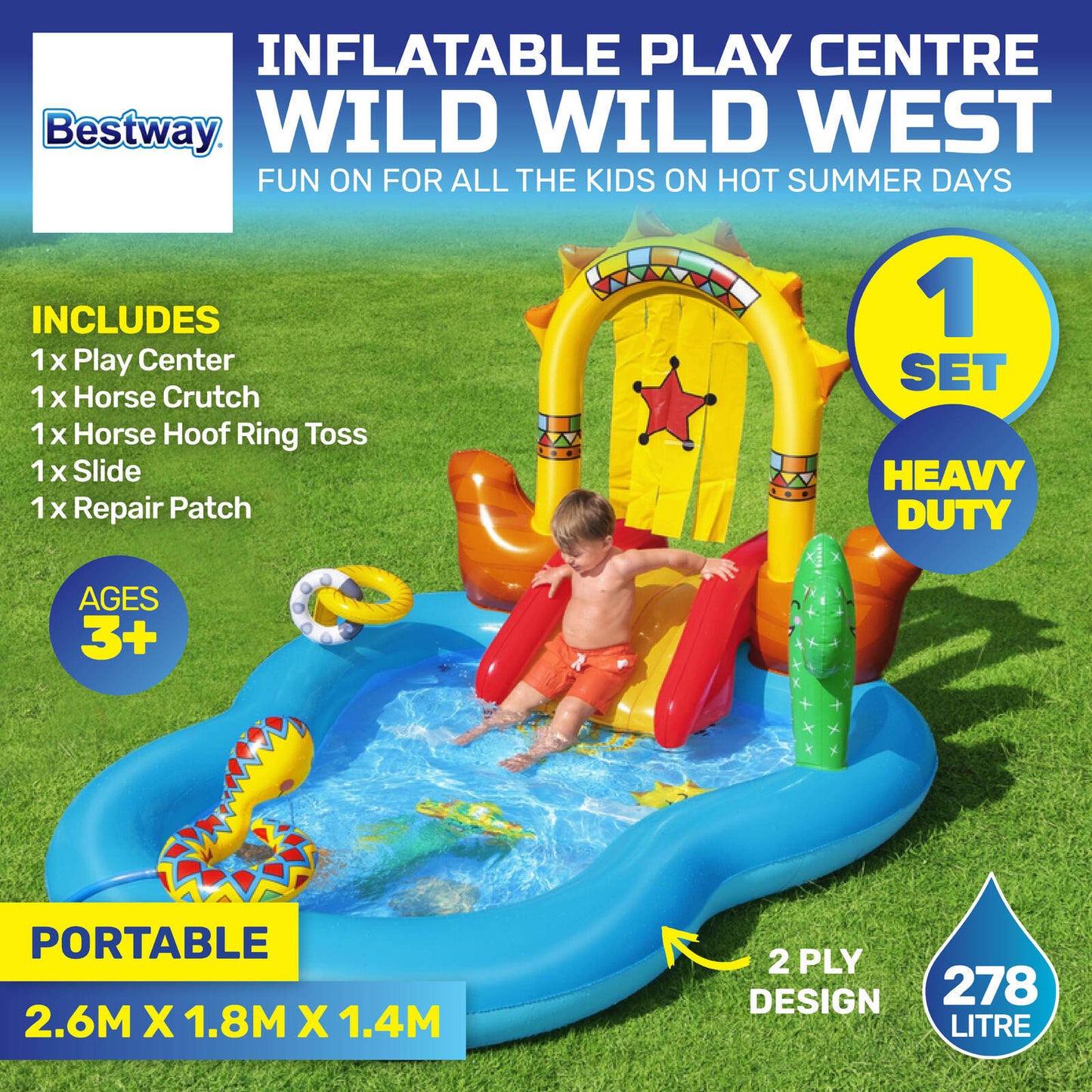 Bestway 2.6 x 1.8m Inflatable Wild West Water Fun Park Pool With Slide 278L ShopFrenzy