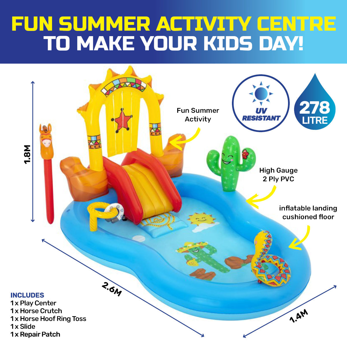 Bestway 2.6 x 1.8m Inflatable Wild West Water Fun Park Pool With Slide 278L ShopFrenzy