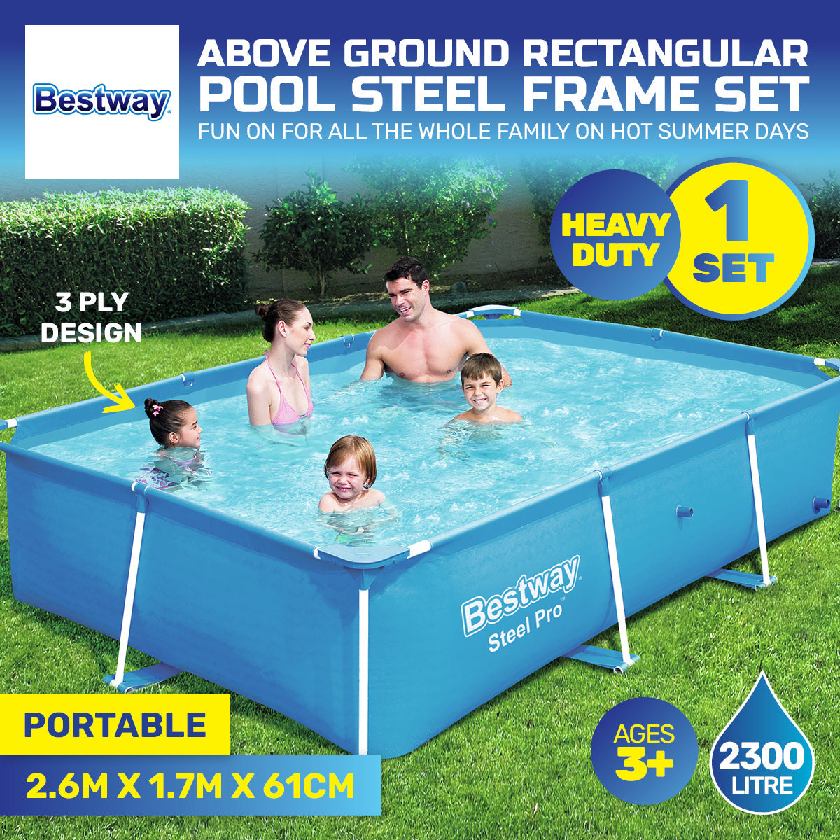 Bestway 2.6m x 1.7m Above Ground Pool High Gauge PVC Construction 2300 Litre ShopFrenzy