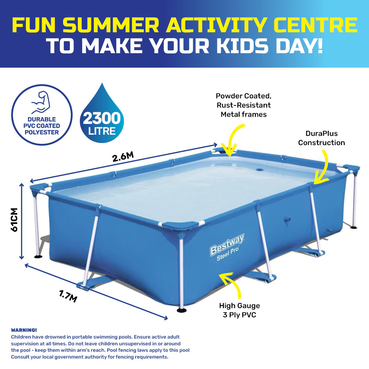 Bestway 2.6m x 1.7m Above Ground Pool High Gauge PVC Construction 2300 Litre ShopFrenzy