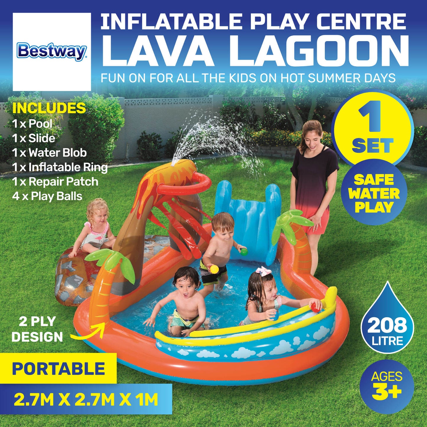 Bestway 2.7m x 1m Inflatable Lava Lagoon Water Fun Park Pool With Slide 208L ShopFrenzy