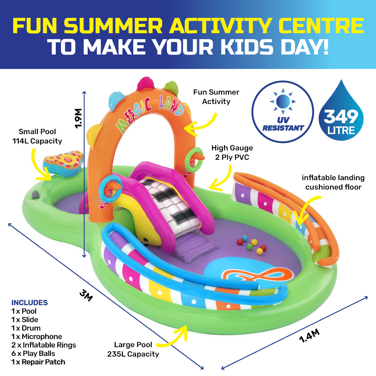 Bestway 3m x 1.9m Inflatable Sing & Splash Water Fun Park Pool & Slide 349L ShopFrenzy