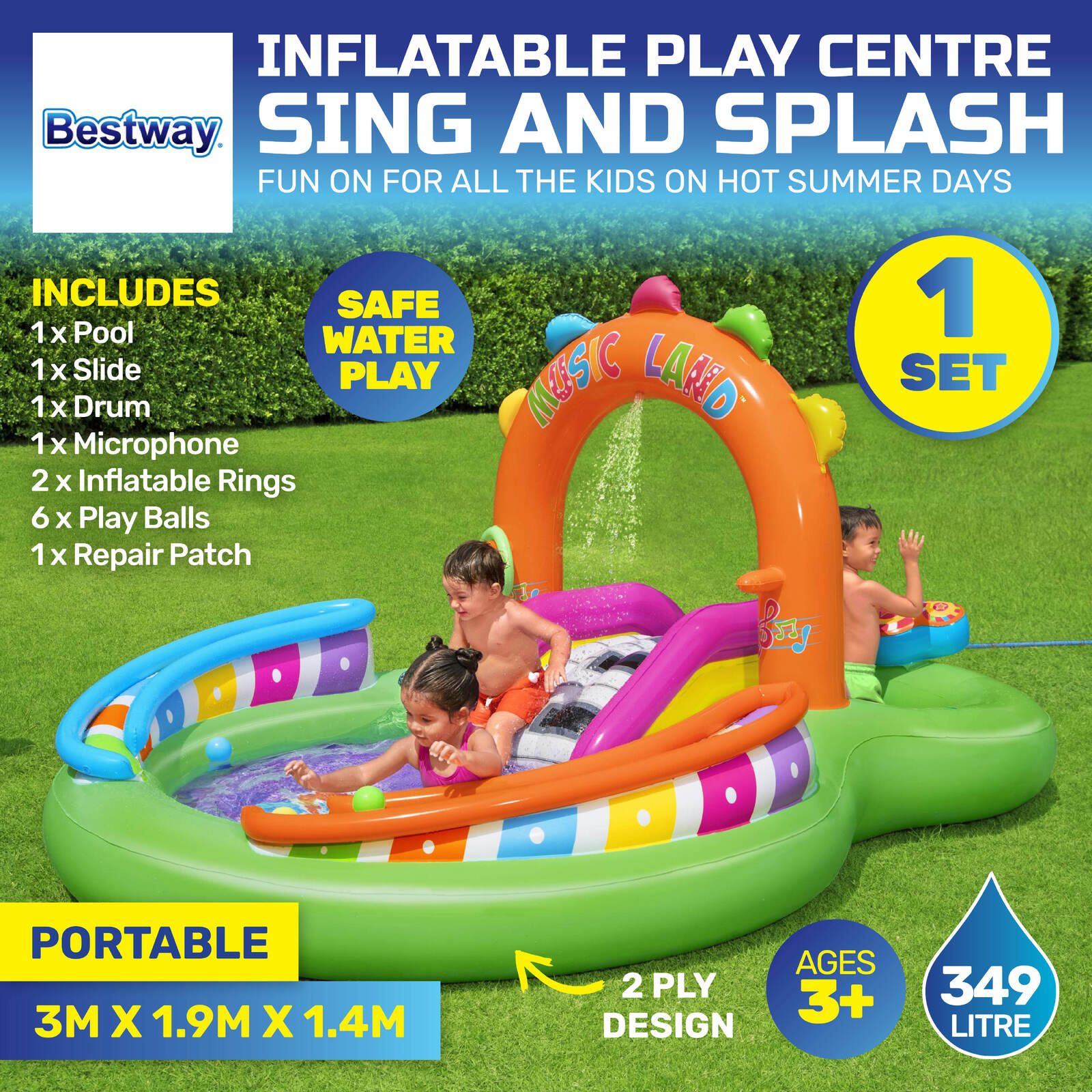 Bestway 3m x 1.9m Inflatable Sing & Splash Water Fun Park Pool & Slide 349L ShopFrenzy