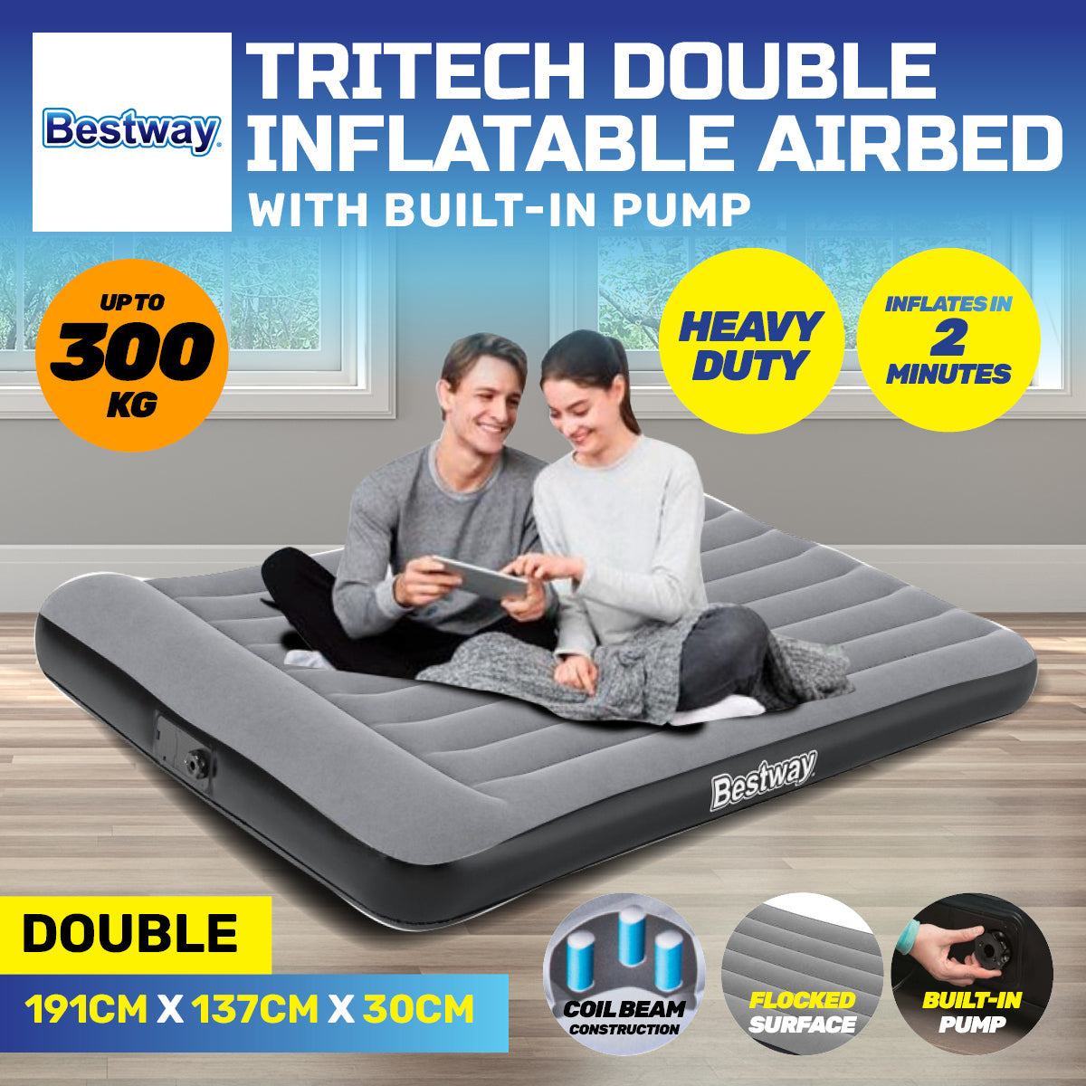 Bestway Double Inflatable Air Bed Tritech Built-In Pump Heavy Duty ShopFrenzy