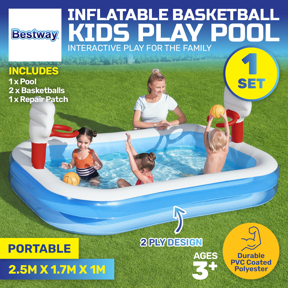 Bestway Inflatable Kids Basketball Pool Built-In Hoops Balls Included 636L ShopFrenzy