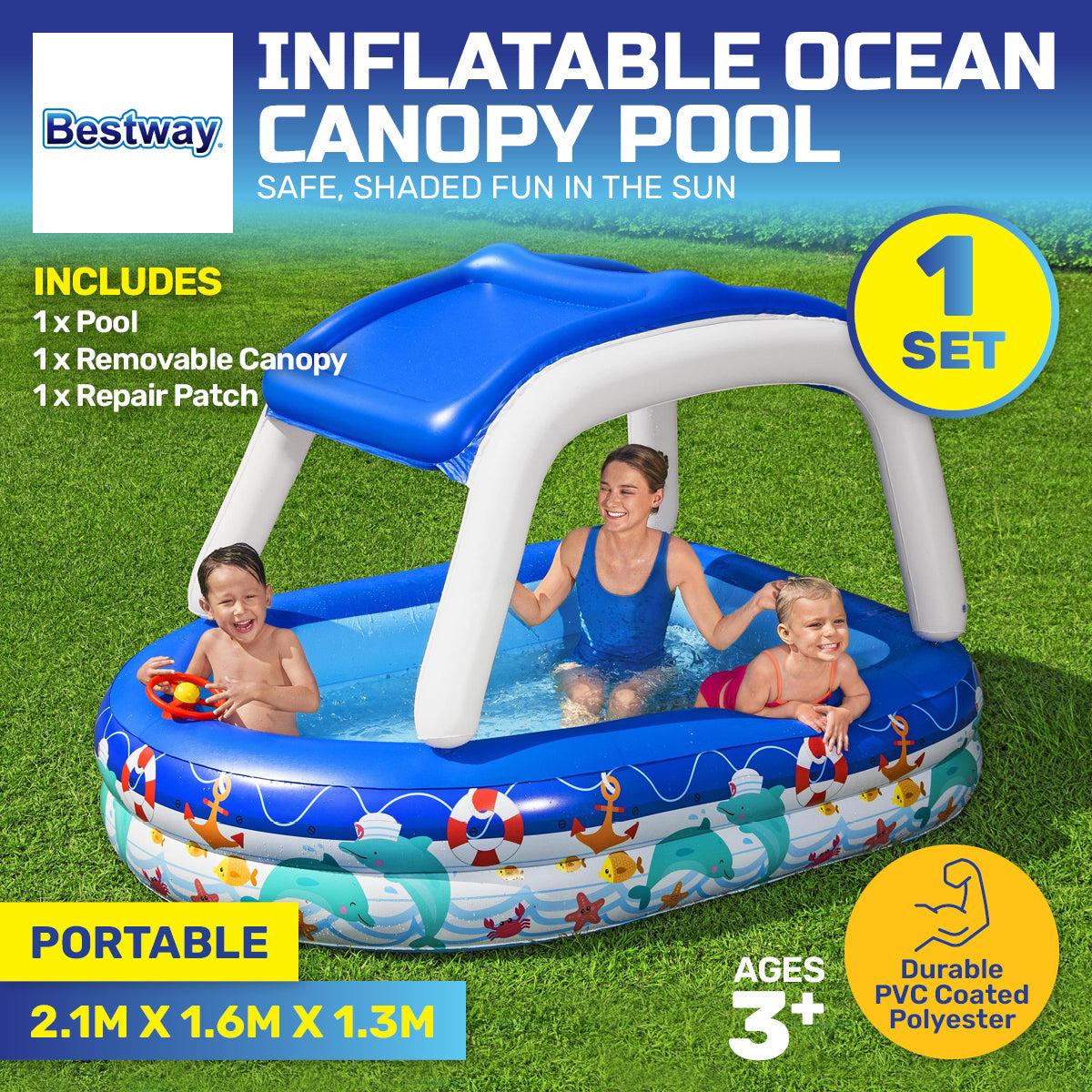 Bestway Inflatable Pool Removable Canopy Boat Design Ocean Themed 282L ShopFrenzy