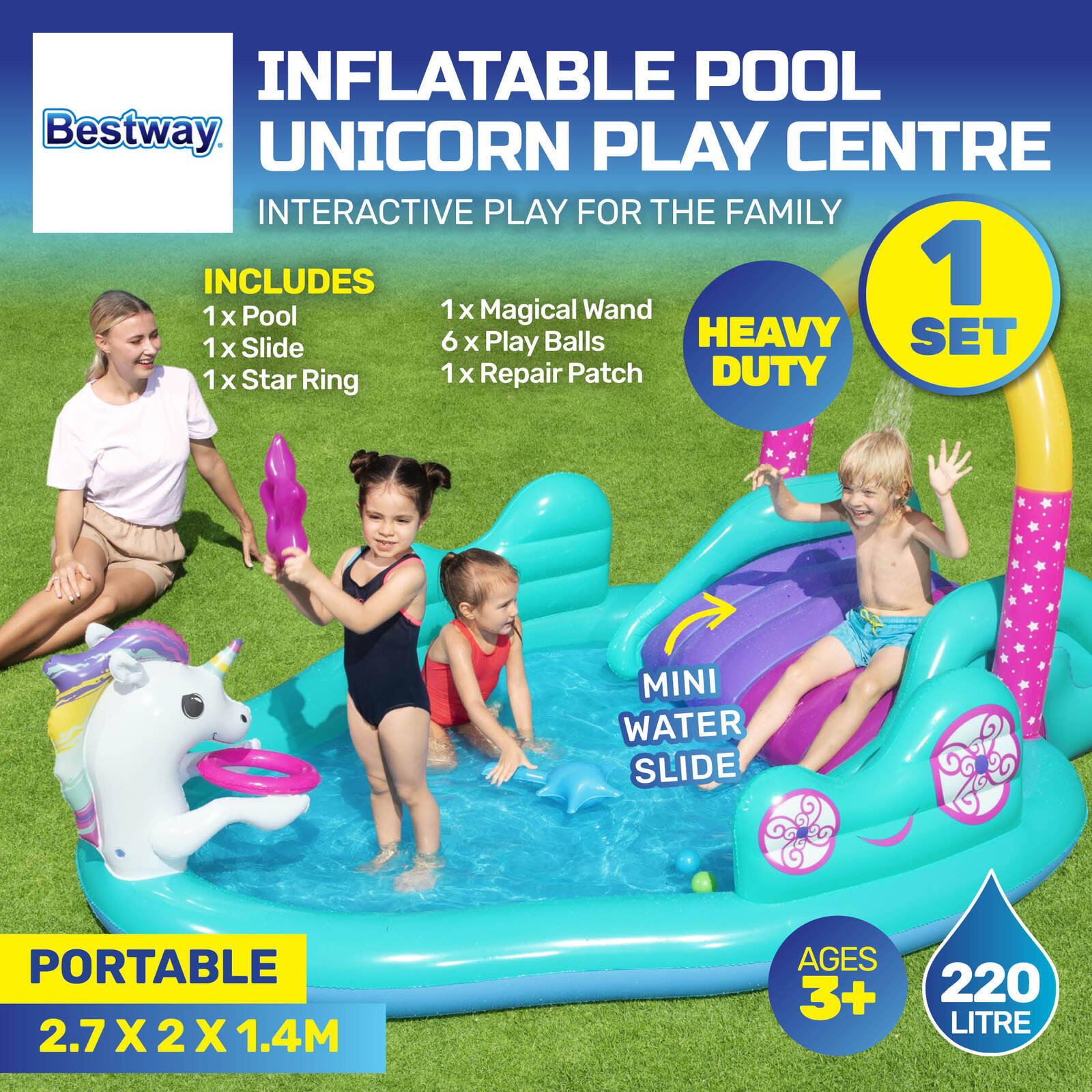 Bestway Inflatable Unicorn Themed Mini Water Fun Park Pool With Slide 220L ShopFrenzy