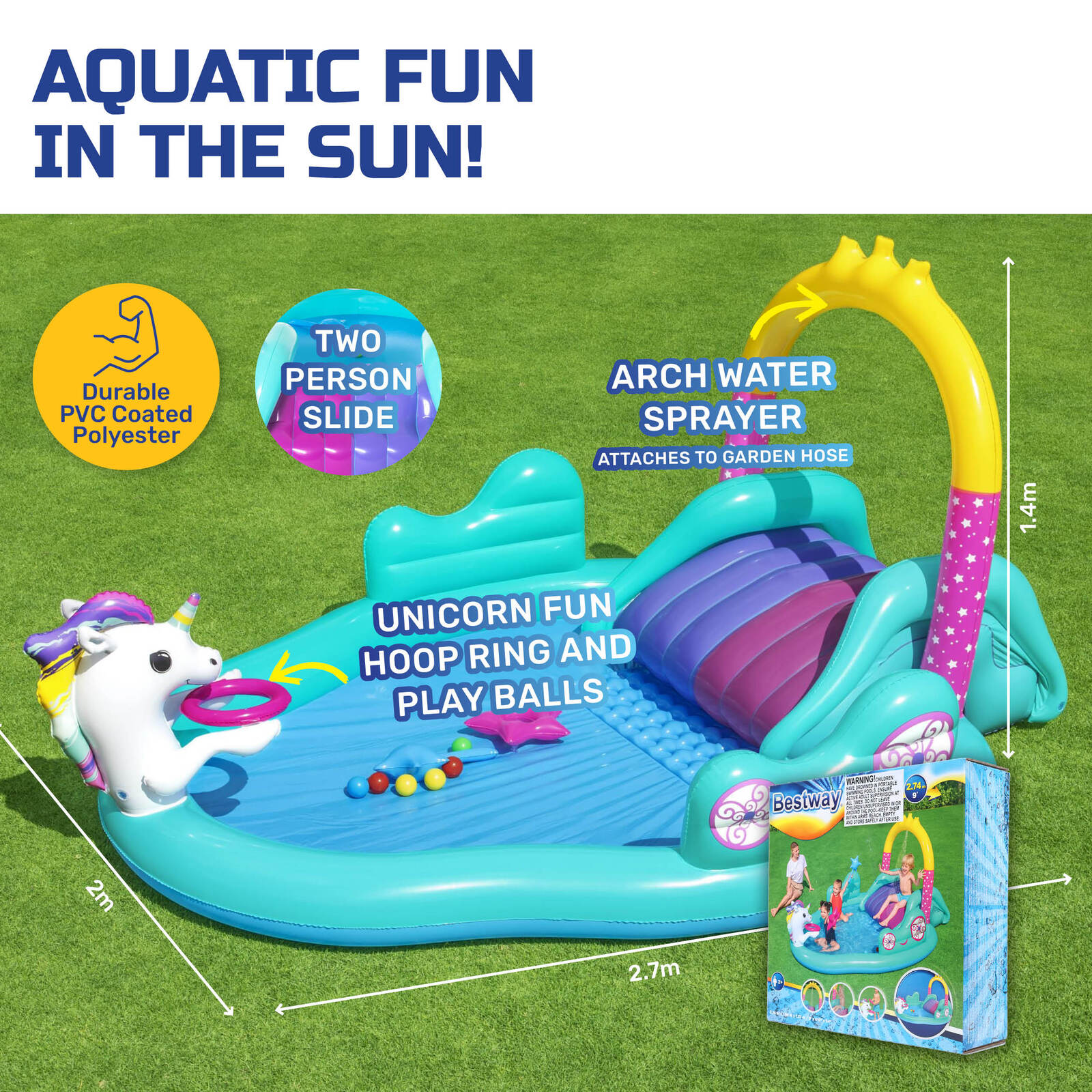 Bestway Inflatable Unicorn Themed Mini Water Fun Park Pool With Slide 220L ShopFrenzy