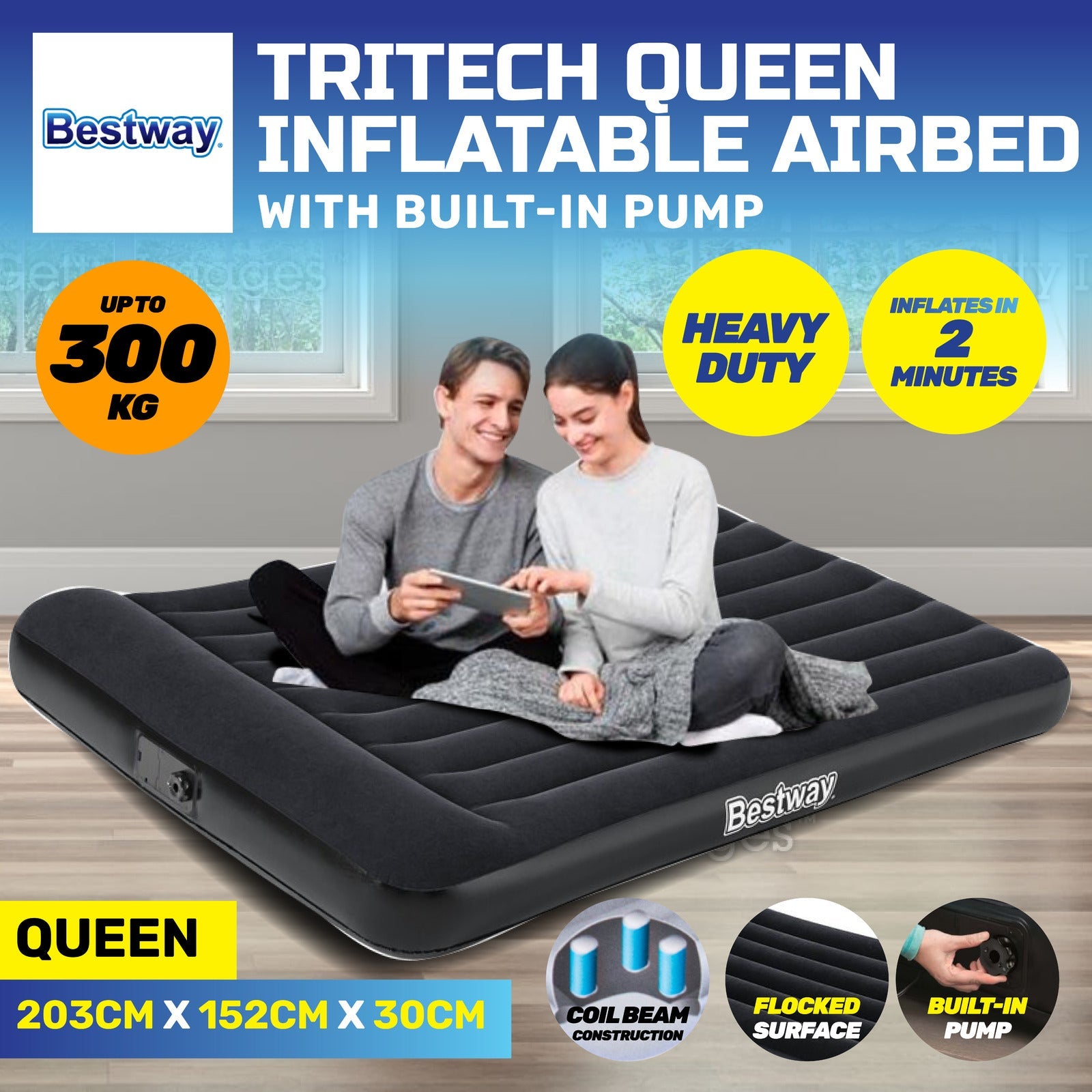 Bestway Queen Inflatable Air Bed Tritech Built-In Pump Heavy Duty ShopFrenzy