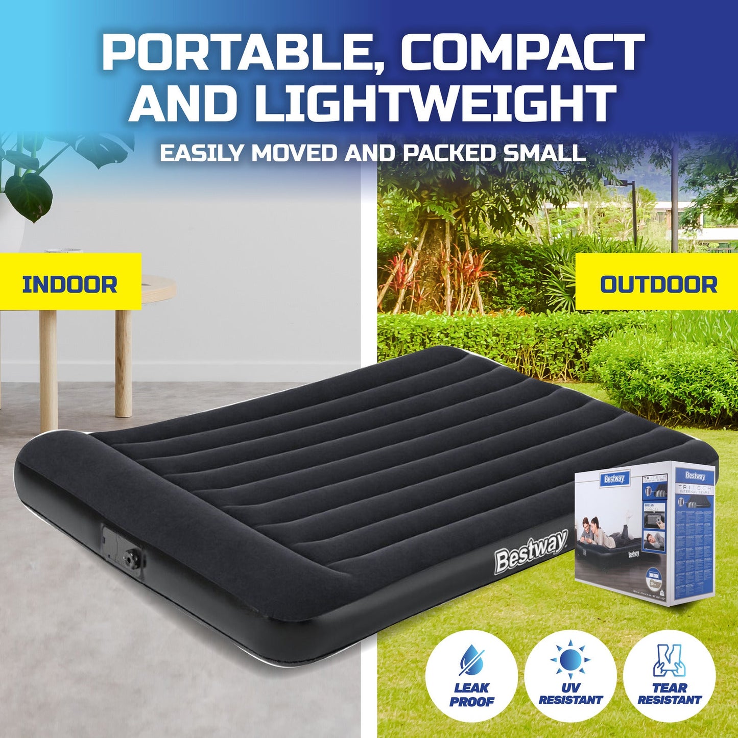 Bestway Queen Inflatable Air Bed Tritech Built-In Pump Heavy Duty ShopFrenzy