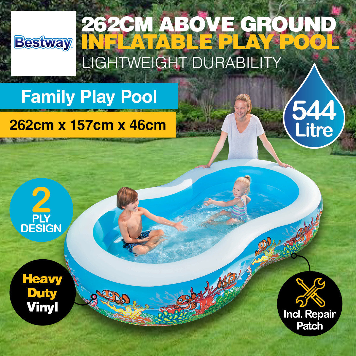 Bestway Swimming Pool Above Ground Inflatable Family Fun 262cm x 157cm x 46cm ShopFrenzy