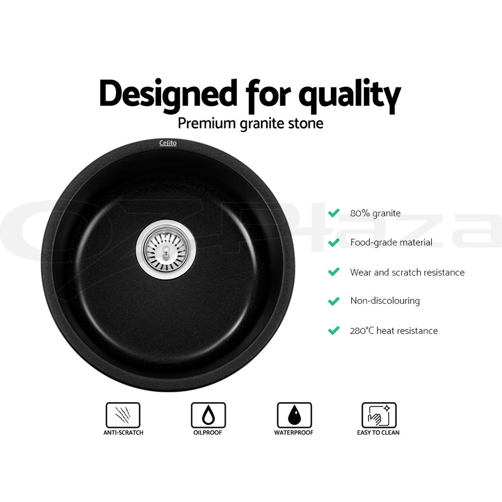 Cefito Stone Kitchen Sink Round 430MM Granite Under/Topmount Basin Bowl Laundry Black ShopFrenzy