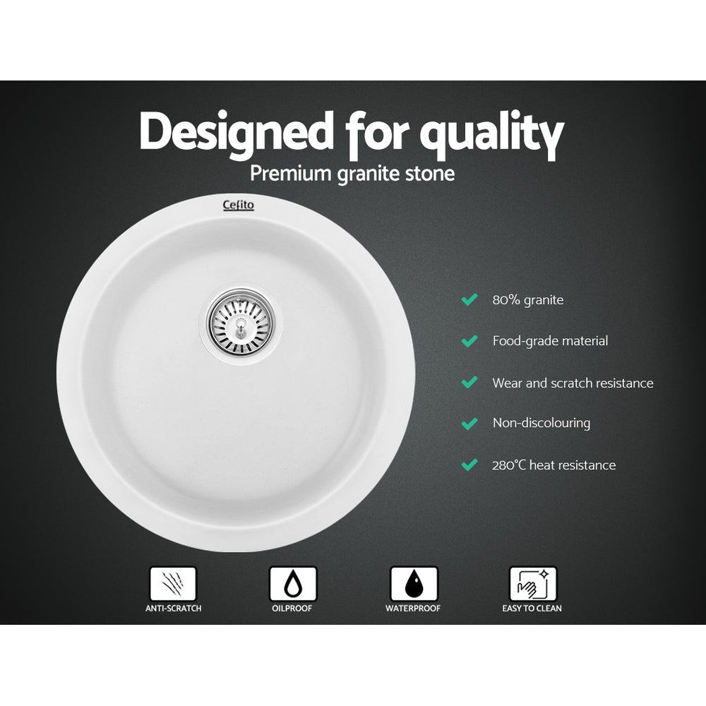 Cefito Stone Kitchen Sink Round 430MM Granite Under/Topmount Basin Bowl Laundry White ShopFrenzy