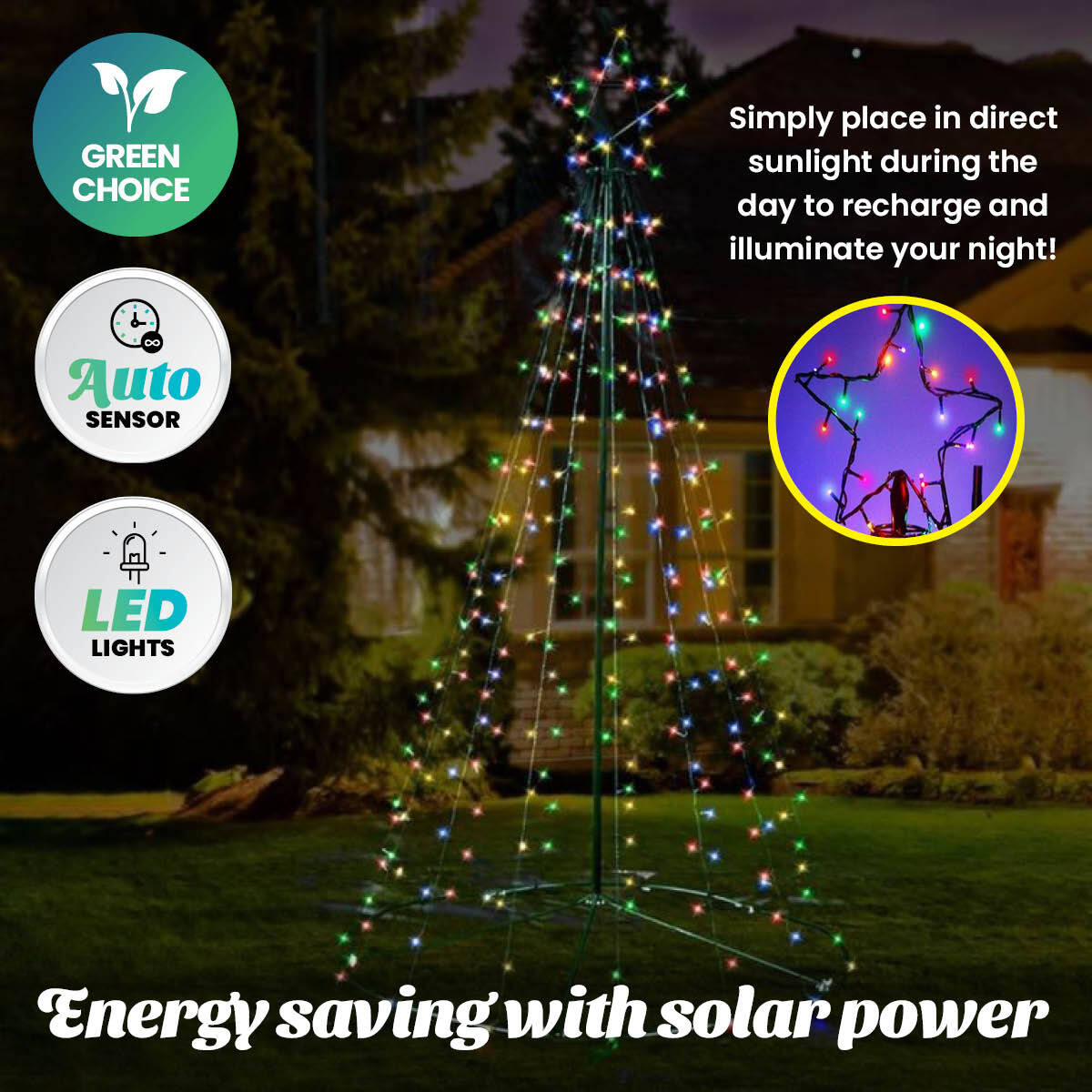 Christmas By Sas 1.5m Solar Powered Tree With Star Metal Frame 150 LED Bulbs ShopFrenzy