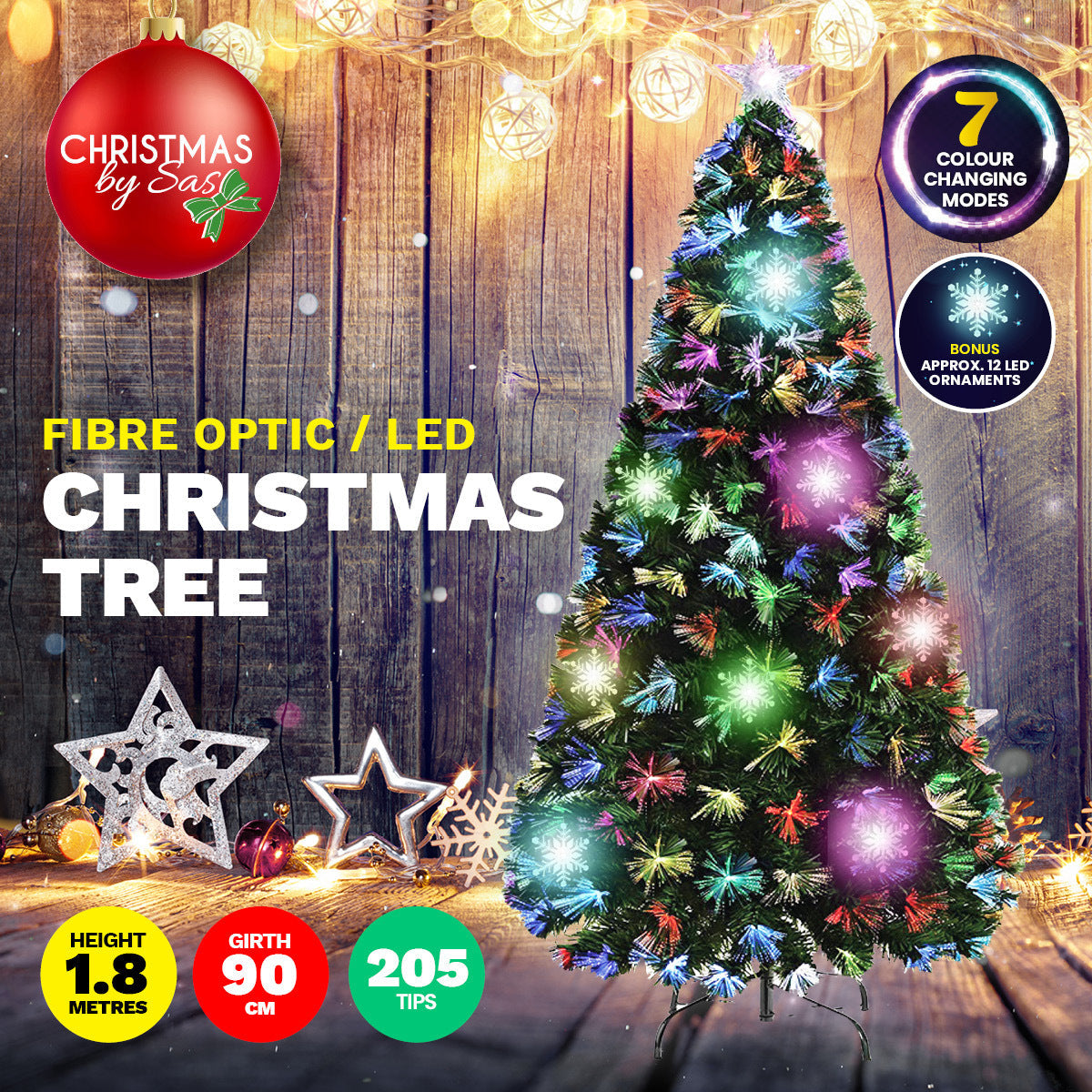 Christmas By Sas 1.8m Fibre Optic/LED Christmas Tree 210 Tips Multicolour Star & Ornaments ShopFrenzy