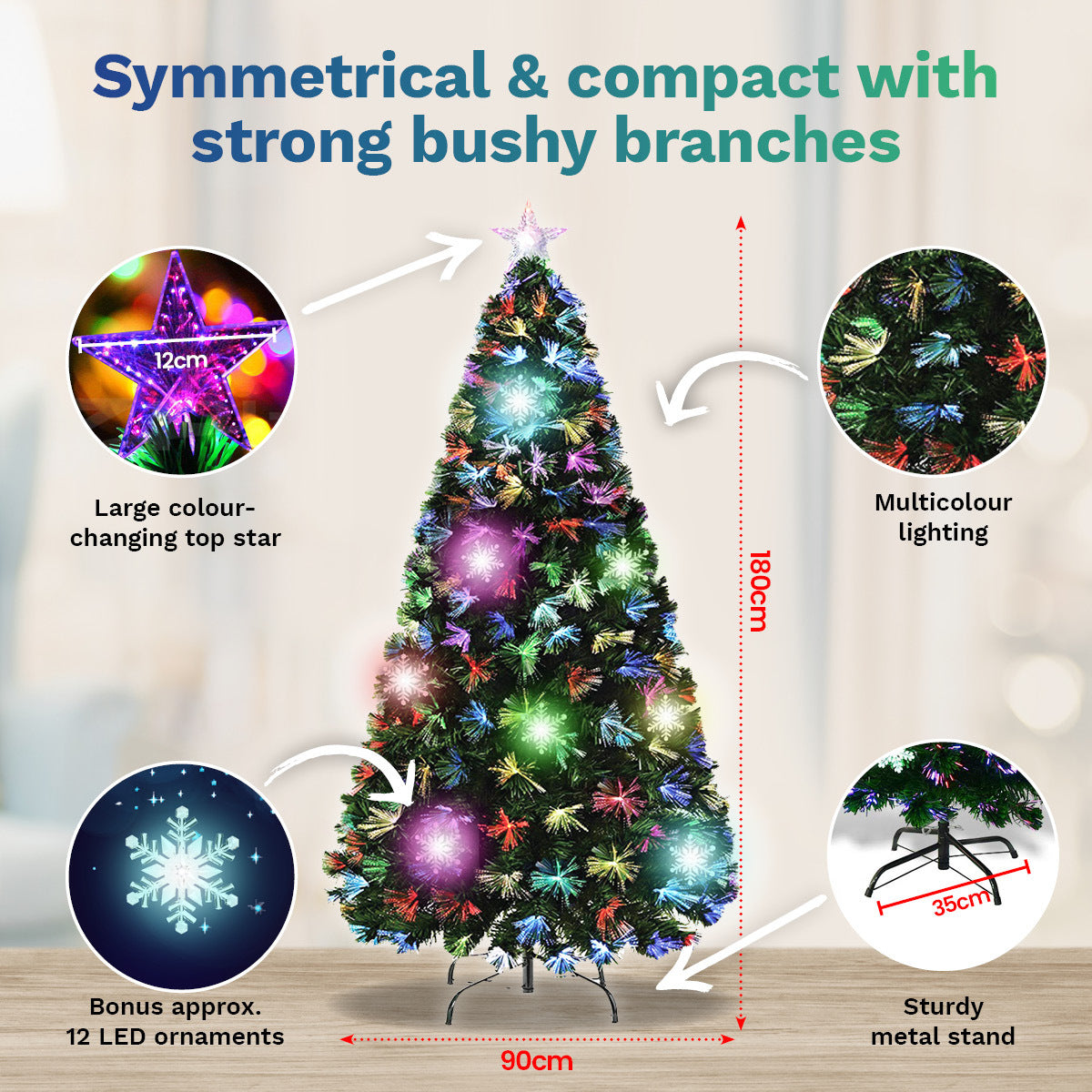 Christmas By Sas 1.8m Fibre Optic/LED Christmas Tree 210 Tips Multicolour Star & Ornaments ShopFrenzy