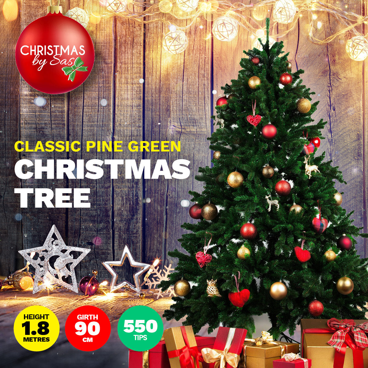 Christmas By Sas 1.8m Pine Christmas Tree 550 Tips Full Figured Easy Assembly ShopFrenzy