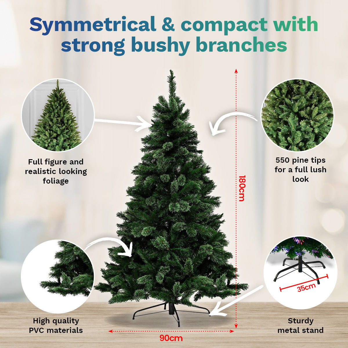 Christmas By Sas 1.8m Pine Christmas Tree 550 Tips Full Figured Easy Assembly ShopFrenzy