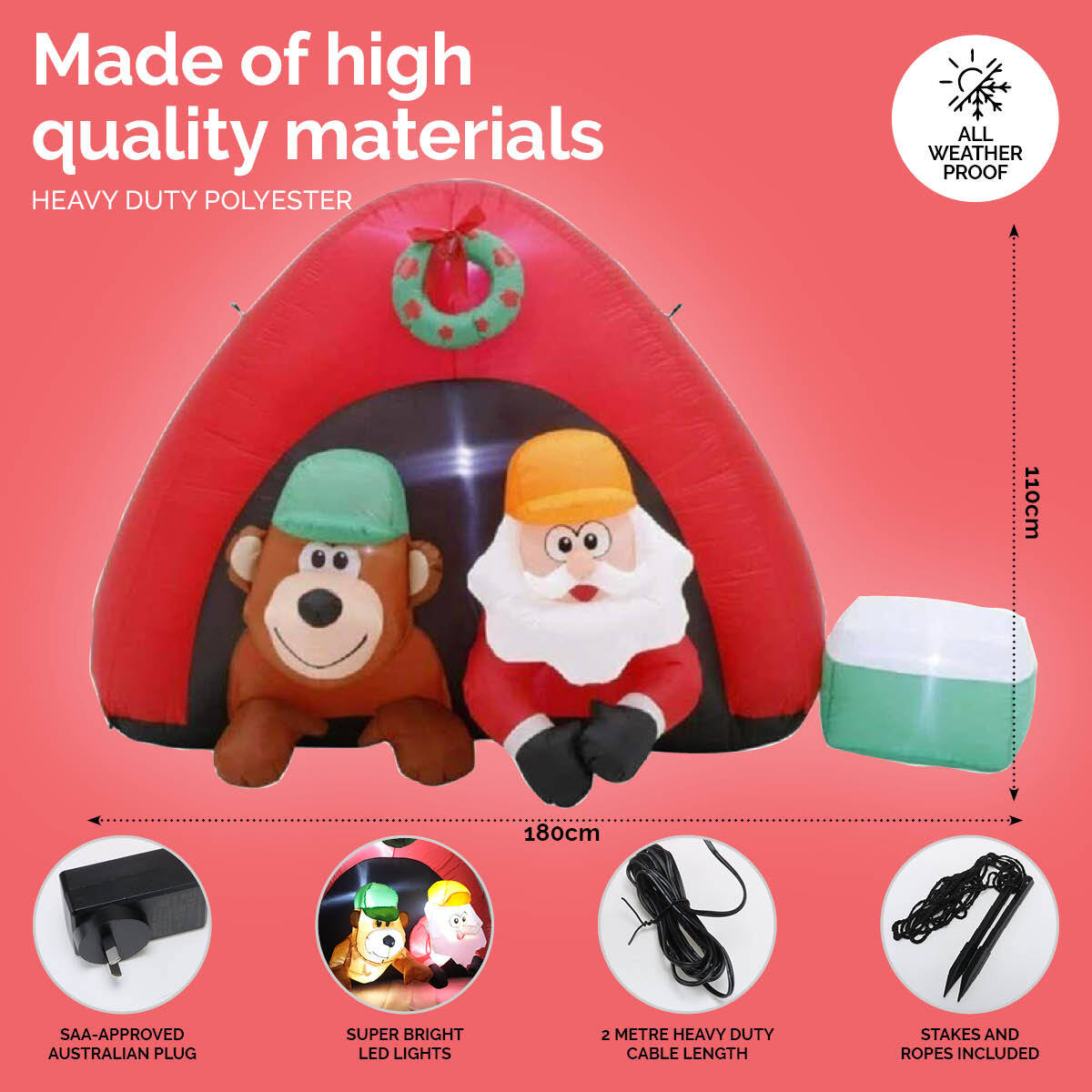 Christmas By Sas 1.8m Santa & Bear Camping Built-In Blower LED Lighting ShopFrenzy