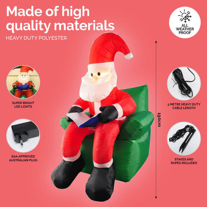 Christmas By Sas 1.9m Santa & His Reading Chair Self Inflating LED Lighting ShopFrenzy