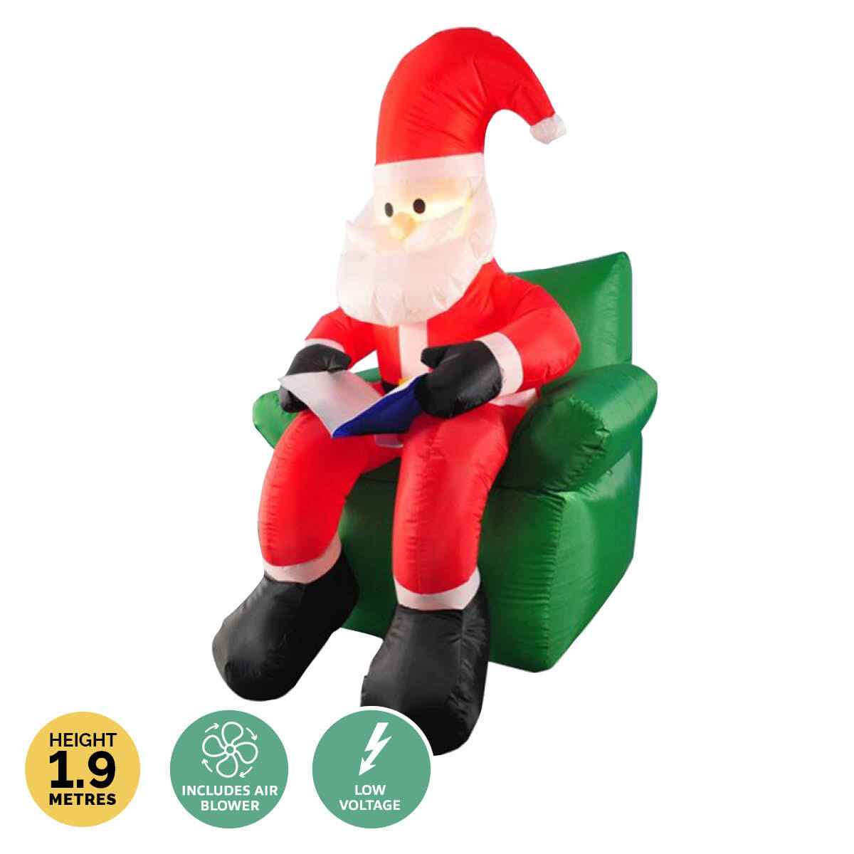 Christmas By Sas 1.9m Santa & His Reading Chair Self Inflating LED Lighting ShopFrenzy