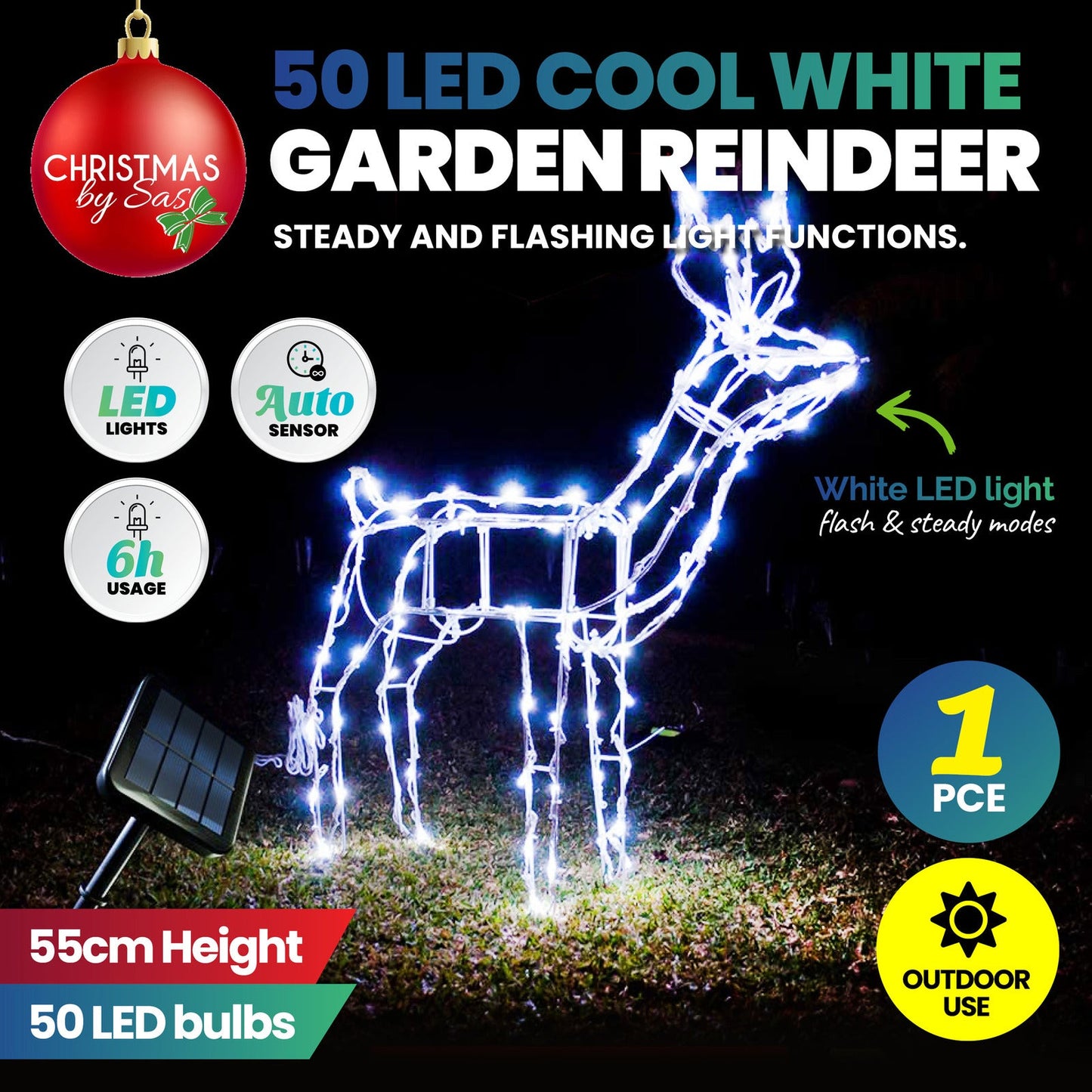 Christmas By Sas 55cm Reindeer Rope Light Solar LED Cool White Auto Sensor ShopFrenzy