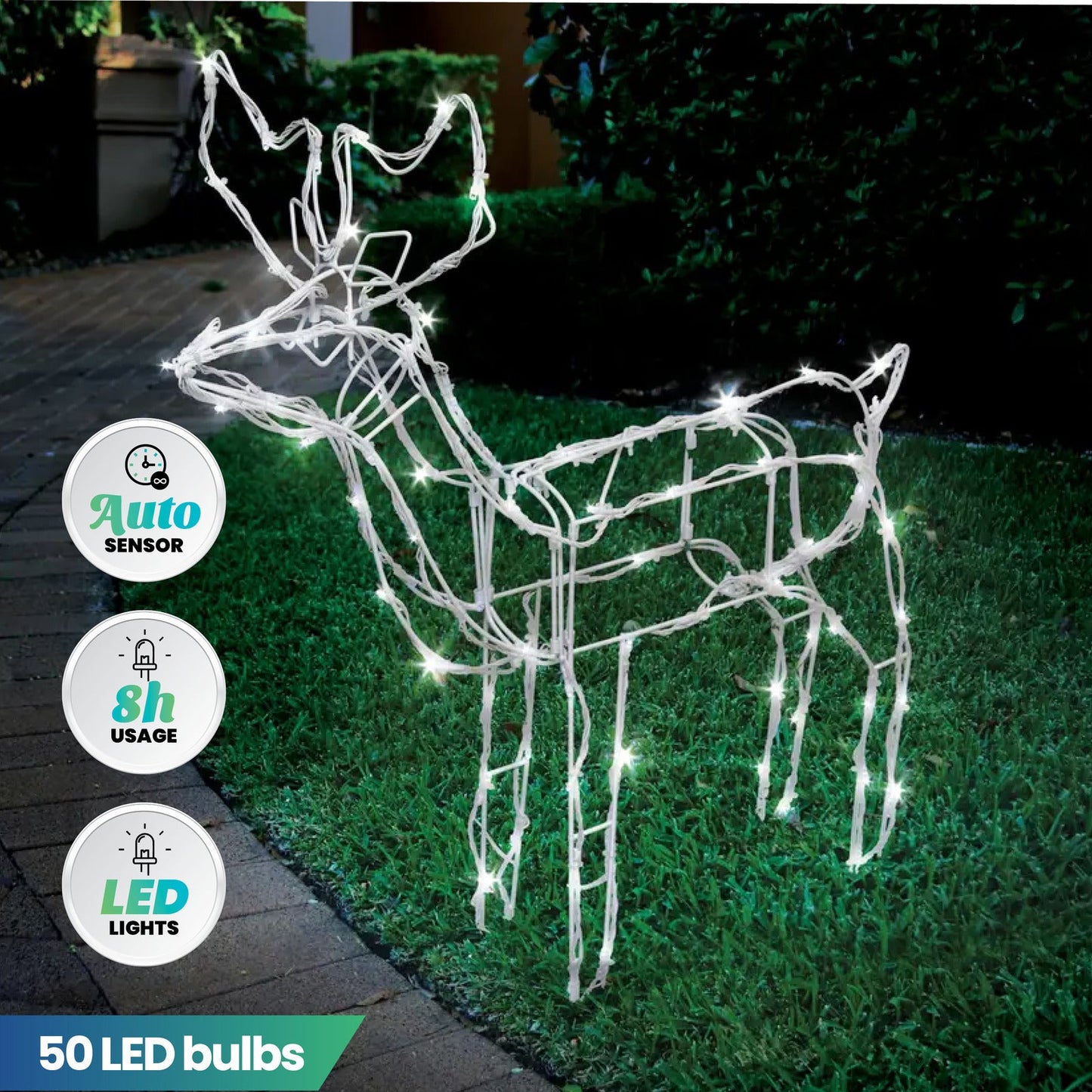 Christmas By Sas 55cm Reindeer Rope Light Solar LED Cool White Auto Sensor ShopFrenzy