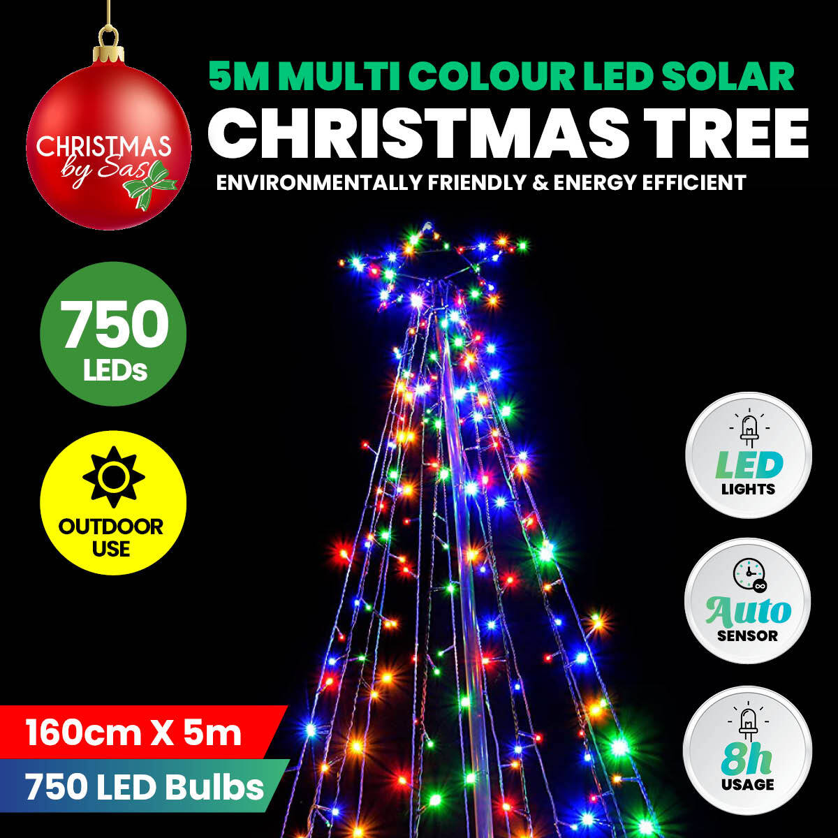 Christmas By Sas 5m Tree Shaped LED Multicoloured Solar Lights & Metal Frame ShopFrenzy