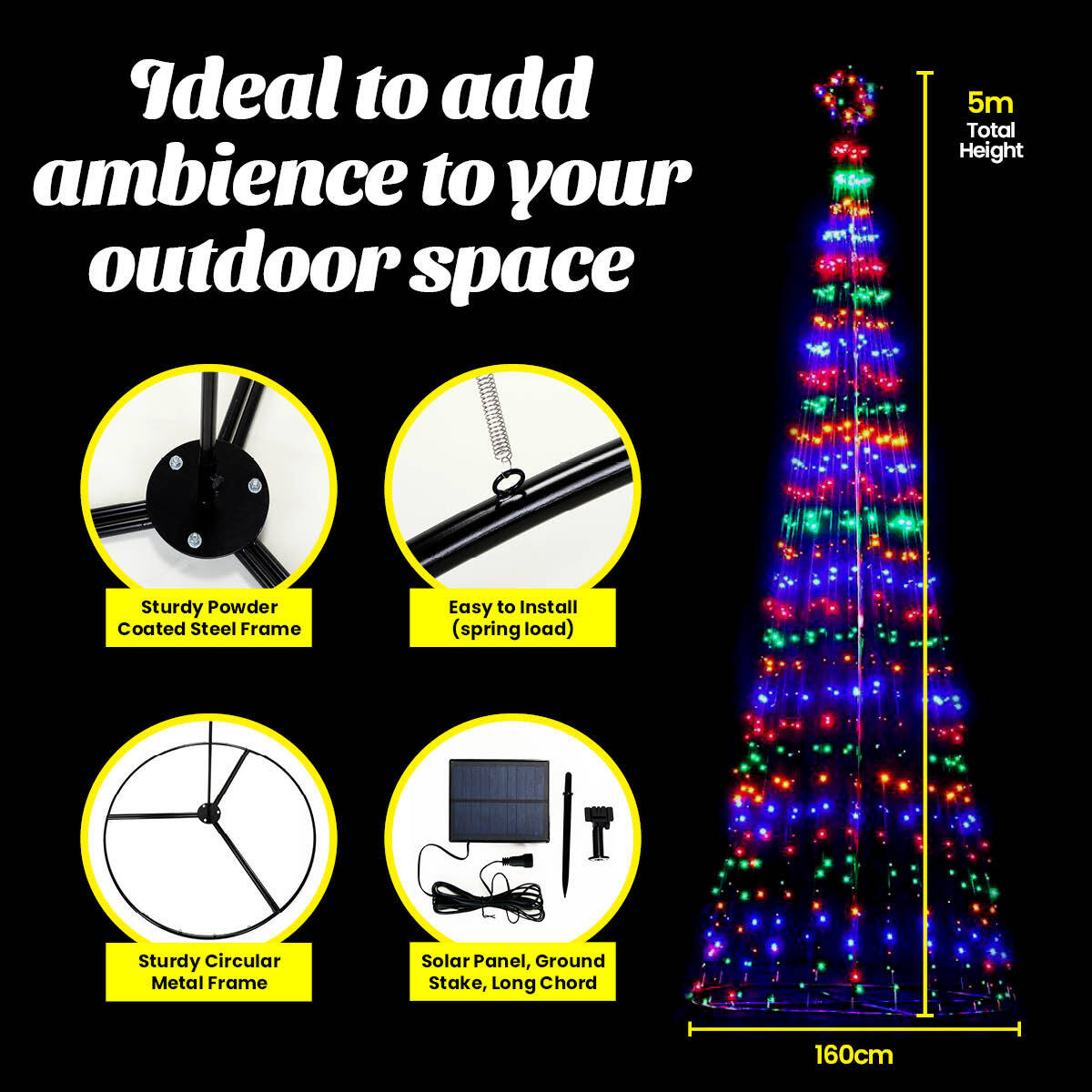 Christmas By Sas 5m Tree Shaped LED Multicoloured Solar Lights & Metal Frame ShopFrenzy