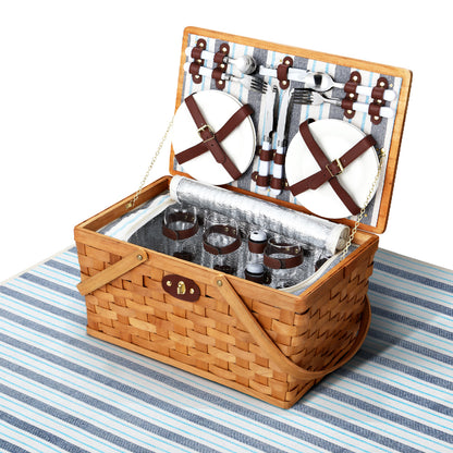 Alfresco 4 Person Picnic Basket Set Wooden Blanket Bag Insulated