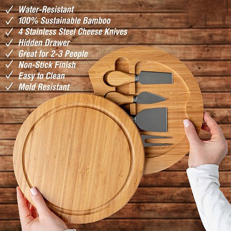 Minnie Bamboo Cheese Charcuterie Board and Knife Set 5 piece Round 22cm Free Delivery