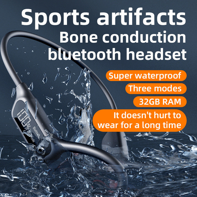 White Waterproof Bone Conduction Bluetooth Headset - 32GB Memory, Lightweight & Durable for Sports