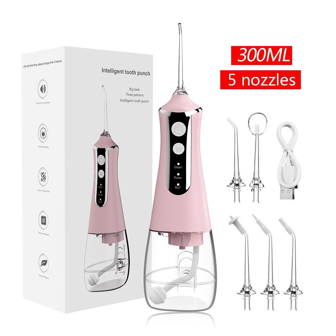 Pink 300ML Cordless Water Flosser with 5 Nozzles - Rechargeable Portable Oral Irrigator