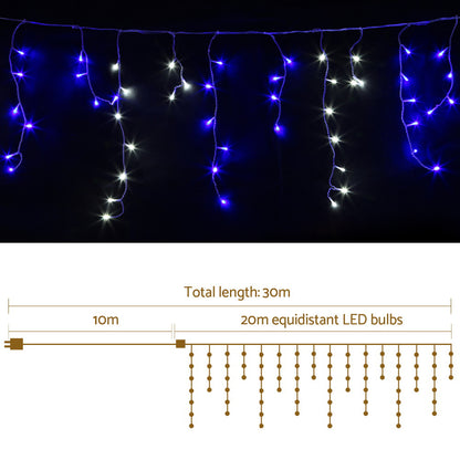 Jingle Jollys 20M Christmas Lights Icicle Light 800 LED Blue White Decor