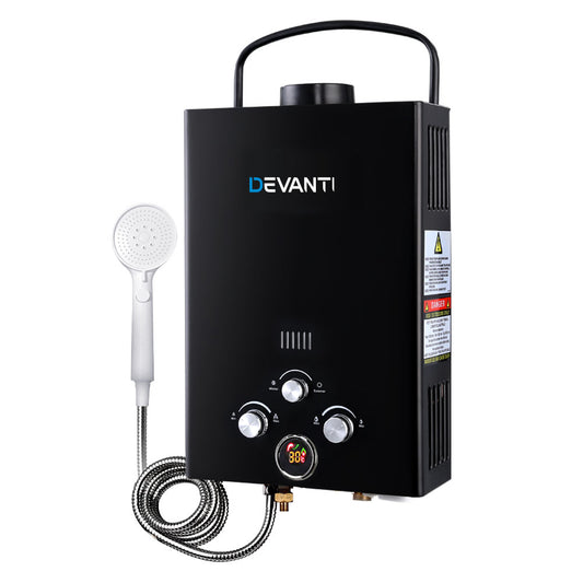 Devanti Portable Gas Water Heater 8L/Min LPG System Black