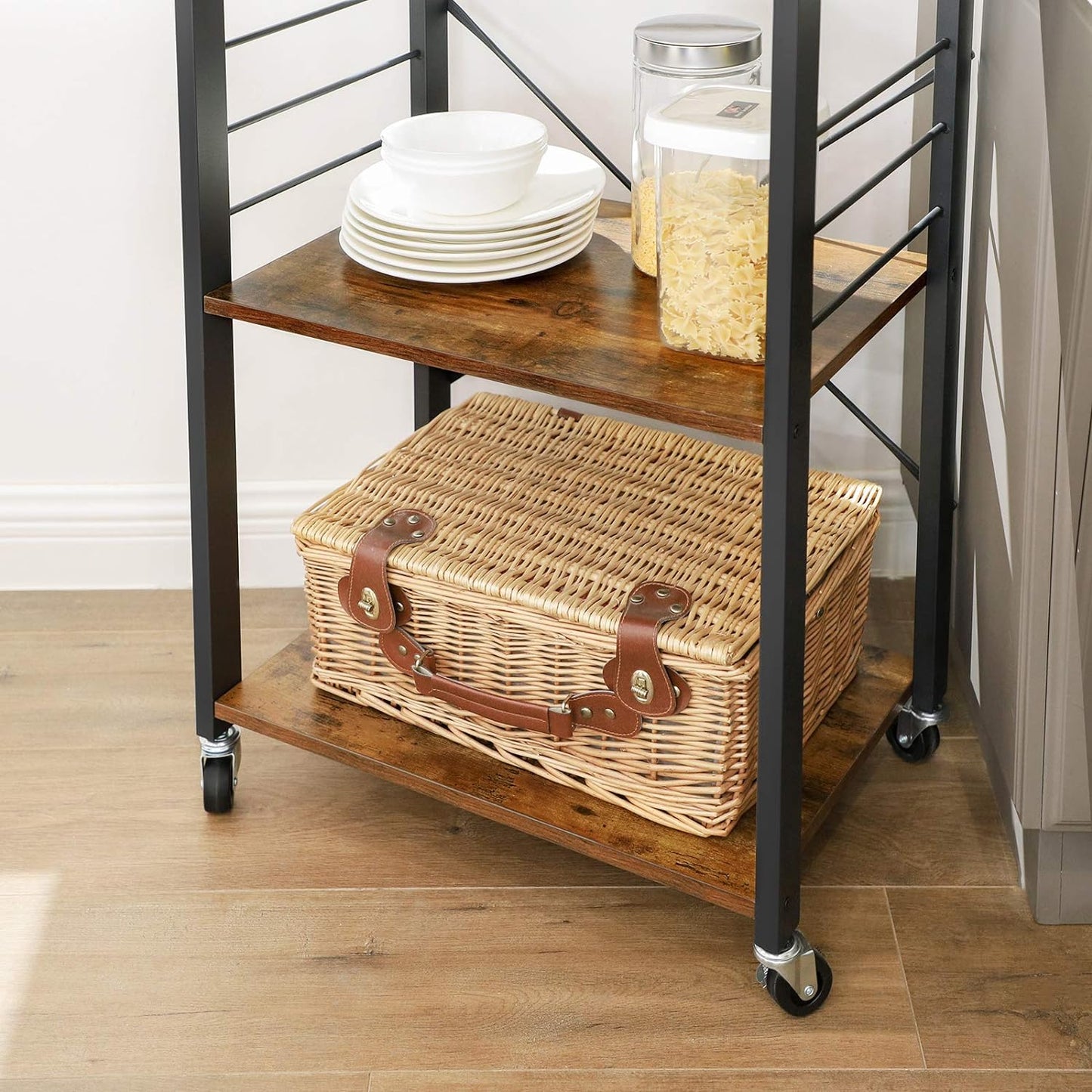 Vasagle Kitchen Serving Shelf Trolley on Wheels, 3 Shelves with 6 Hook Rustic Brown