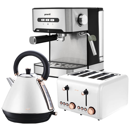 Pronti Toaster, Kettle & Coffee Machine Breakfast Set - White