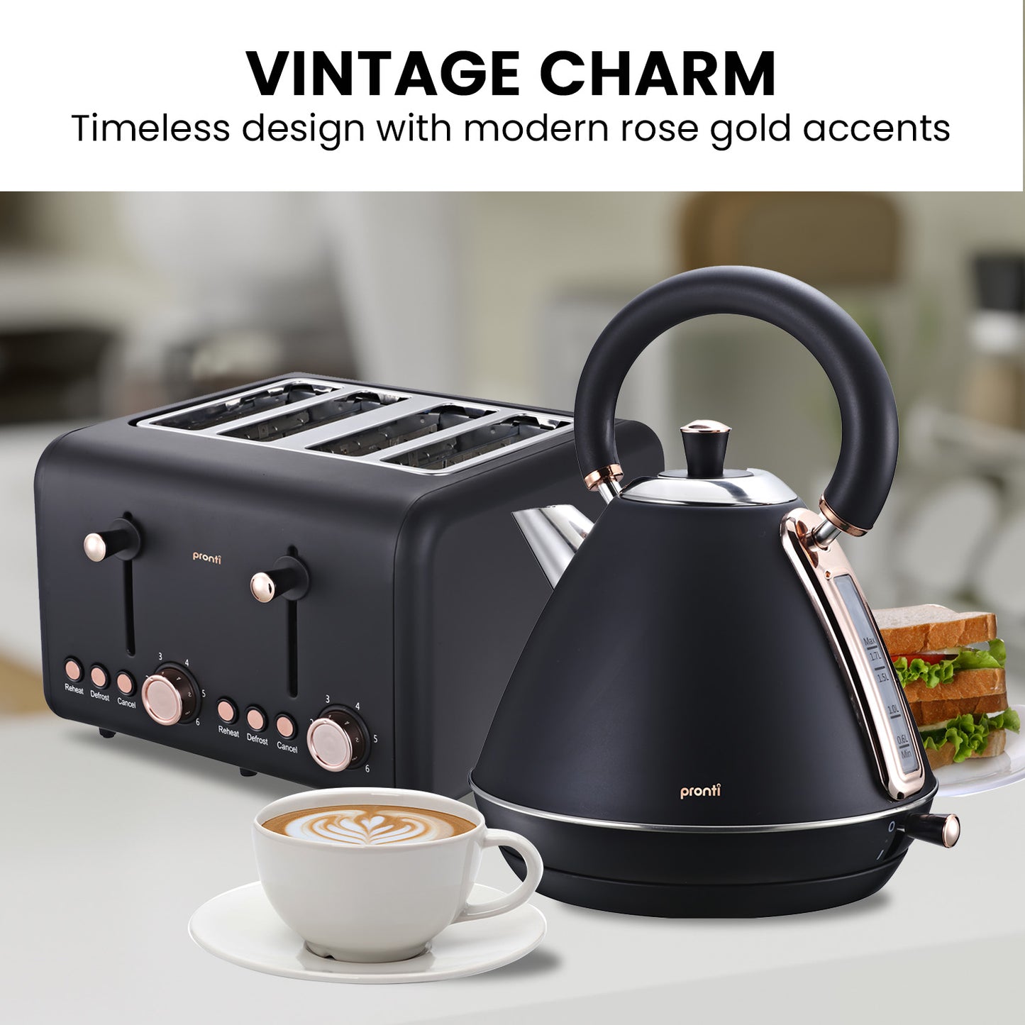 Pronti Rose Trim Collection Toaster & Kettle Bundle - Black