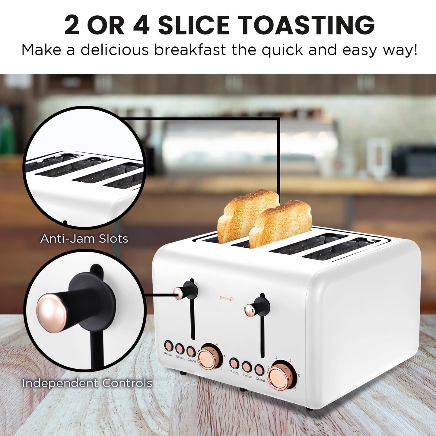 Pronti 4 Slice Toaster Rose Trim Collection - White