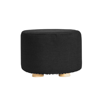 Fabric Ottoman Round Wooden Leg Foot Stool - BLACK