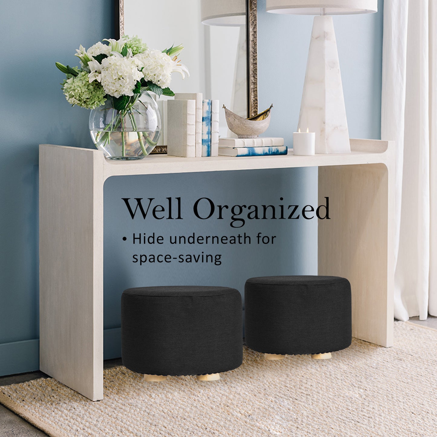 Fabric Ottoman Round Wooden Leg Foot Stool - BLACK