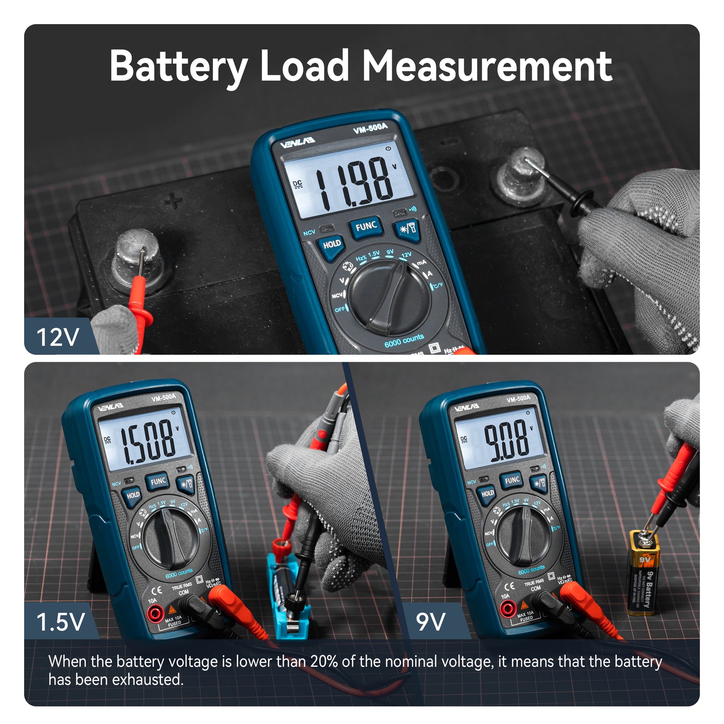 VENLAB Digital Multimeter VM500A TRMS 6000 Counts Volt Ohm Amp Continuity Meter